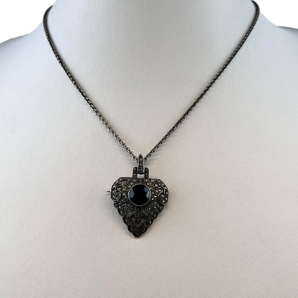 Vintage Garnet Sterling Silver Necklace 18" Chain Marcasite Pendant or Brooch